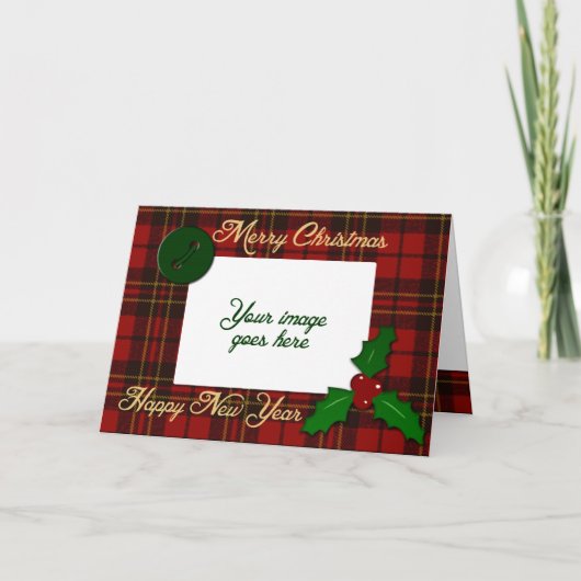 赤いタータンチェックのplaidあなたの写真クリスマスグリーティング シーズンカード (正面)
