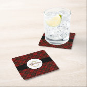 赤いタータンチェッククリスマスプレド冬のパターンモノグラム スクエアペーパーコースター (インサイチュ)