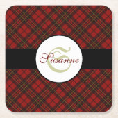 赤いタータンチェッククリスマスプレド冬のパターンモノグラム スクエアペーパーコースター (正面)