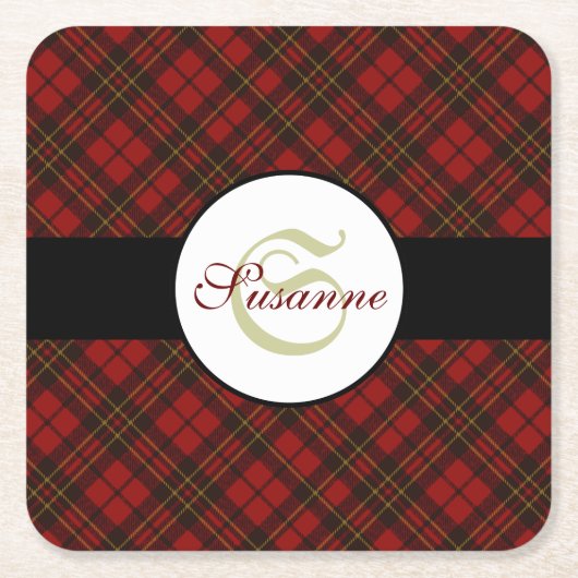 赤いタータンチェッククリスマスプレド冬のパターンモノグラム スクエアペーパーコースター (正面)