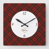赤いタータンチェッククリスマスプレド冬のパターンモノグラム スクエア壁時計 (正面)