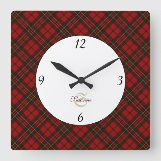 赤いタータンチェッククリスマスプレド冬のパターンモノグラム スクエア壁時計 (正面)