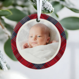 赤いタータンチェック 赤ちゃんの初めてのクリスマス 写真入り セラミックオーナメント