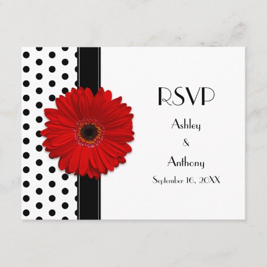 赤いダイジー ブラック ホワイト ポルカドット 結婚式 返信 (正面)