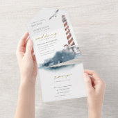 赤いダスキーブルーライトハウスシーウォーター結婚カラー オールインワン招待状 (貼ってはがせる)