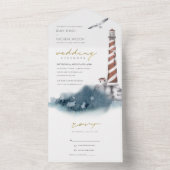 赤いダスキーブルーライトハウスシーウォーター結婚カラー オールインワン招待状 (内側)