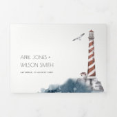 赤いダスキーブルーライトハウスシーウォーター結婚カラー 三つ折り招待状 (カバー)