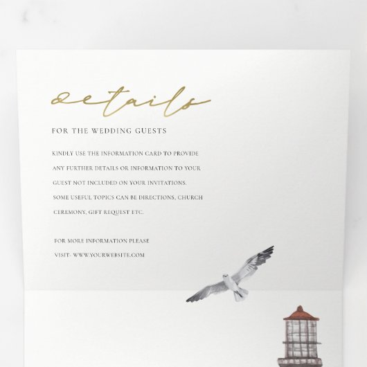 赤いダスキーブルーライトハウスシーウォーター結婚カラー 三つ折り招待状 (内部最初)