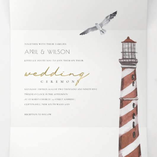 赤いダスキーブルーライトハウスシーウォーター結婚カラー 三つ折り招待状 (内部中)