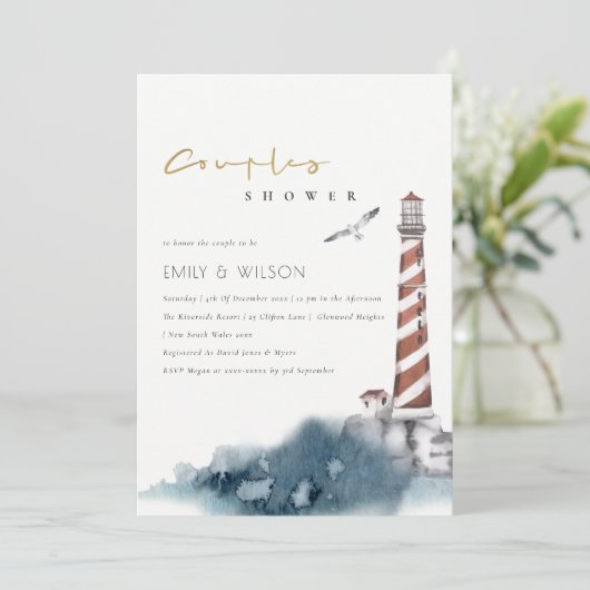 赤いダスキーブルーライトハウスシーカップルのシャワー招待状 サンキューカード (スタンド正面)