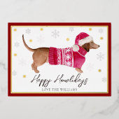赤いダックスフンド ウィーナードッグ 幸せなホリデー 水彩画 箔シーズンカード (正面)