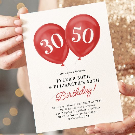 赤いダブルお祝いジョイント誕生日パーティー 招待状