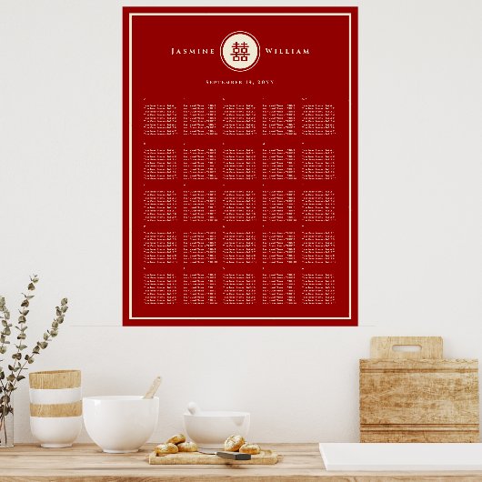 赤いダブル中国のハピネス結婚の座席表 ポスター (キッチン)