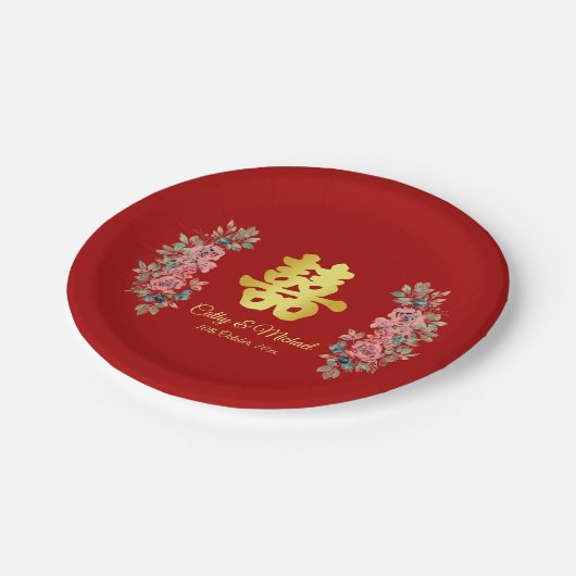 赤いダブル幸せ中国のフローラ結婚ズ ペーパープレート (アングル)