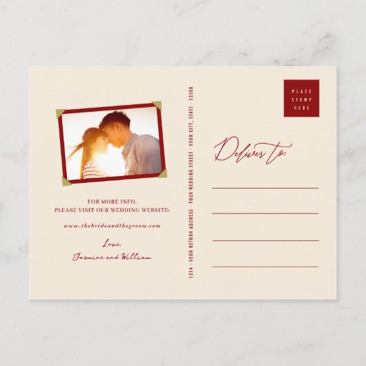 赤いダブル幸せ中国の結婚式の日付を保存 案内ポストカード (裏面)