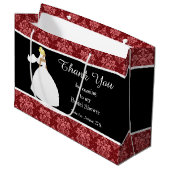 赤いダマスクのウェディングシャワーお礼メッセージ ラージペーパーバッグ (正面アングル)