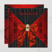 赤いダマスクのホリデー ブラックタイ パーティー 招待状 (正面/裏面)