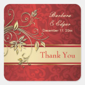 赤いダマスクウェディングに黄金の花ありがとう スクエアシール (正面)