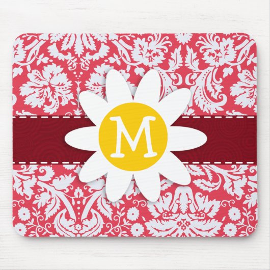 赤いダマスクパターン；デイジー マウスパッド (正面)