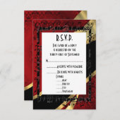 赤いダマスクフォーマルブラックと結婚金ゴールドのR.S.V.P 出欠カード (正面/裏面)