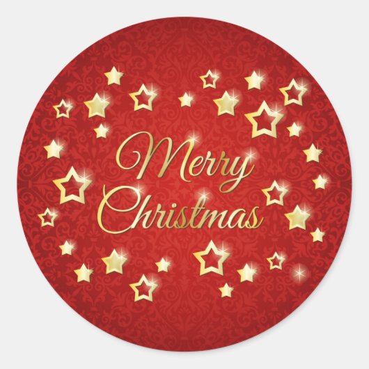 赤いダマスクメリークリスマスの黄金の星 ラウンドシール (正面)