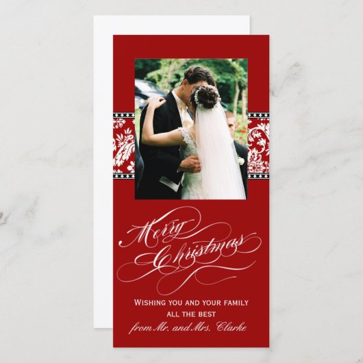 赤いダマスク新しい結婚初めてのクリスマスのフォトカード シーズンカード (正面/裏面)