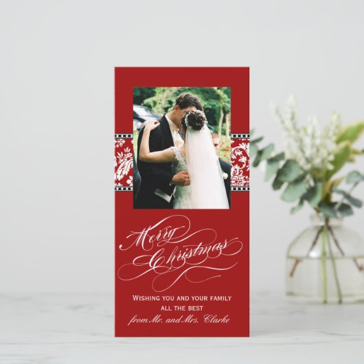 赤いダマスク新しい結婚初めてのクリスマスのフォトカード シーズンカード (スタンド正面)