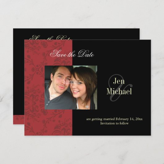 赤いダマスク日付写真はがきを保存する 案内ポストカード (正面/裏面)