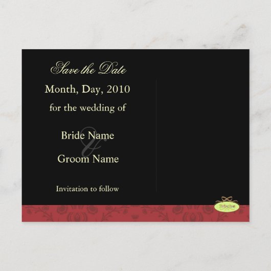 赤いダマスク日付写真はがきを保存する 案内ポストカード (裏面)