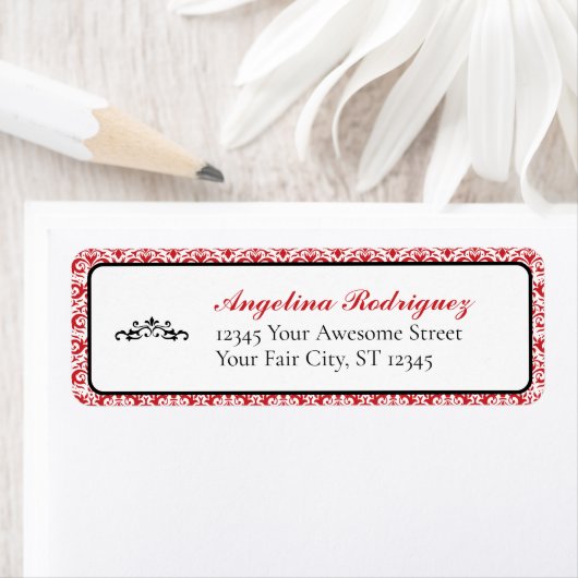 赤いダマスク柄の卒業式デザイン ラベル (インサイチュ)