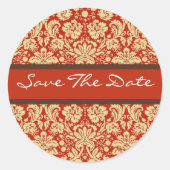 赤いダマスク結婚式の日付シールを保存 ラウンドシール (正面)