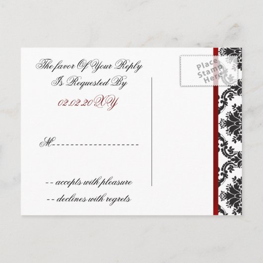 赤いダマスク結婚式のsvpカード インビテーションポストカード (裏面)