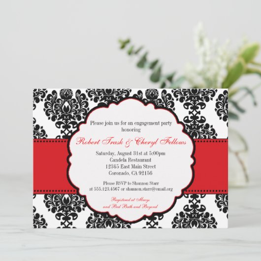 赤いダマスク織のブライダルシャワーの婚約の招待状 招待状 (スタンド正面)