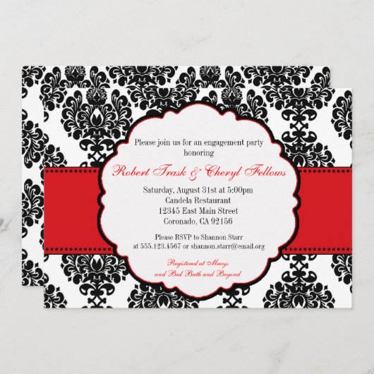 赤いダマスク織のブライダルシャワーの婚約の招待状 招待状 (正面/裏面)