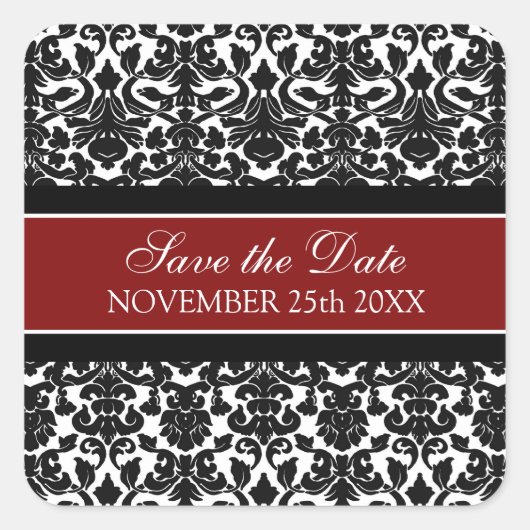 赤いダマスク織の保存日付の封筒用シール スクエアシール (正面)