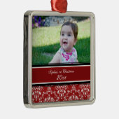 赤いダマスク織の写真のベビーの第1クリスマスのオーナメント メタルオーナメント (右)