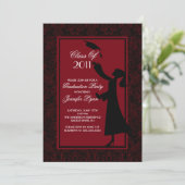 赤いダマスク織の卒業の招待状のシルエットの卒業生 招待状 (スタンド正面)