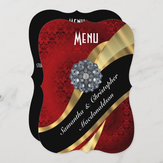 赤いダマスク織の金ゴールドのエレガントでフォーマルな結婚式メニュー メニュー (正面/裏面)