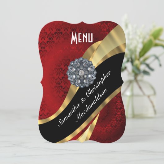 赤いダマスク織の金ゴールドのエレガントでフォーマルな結婚式メニュー メニュー (スタンド正面)