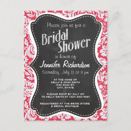 赤いダマスク織パターン; ヴィンテージの黒板 インビテーションポストカード (正面)