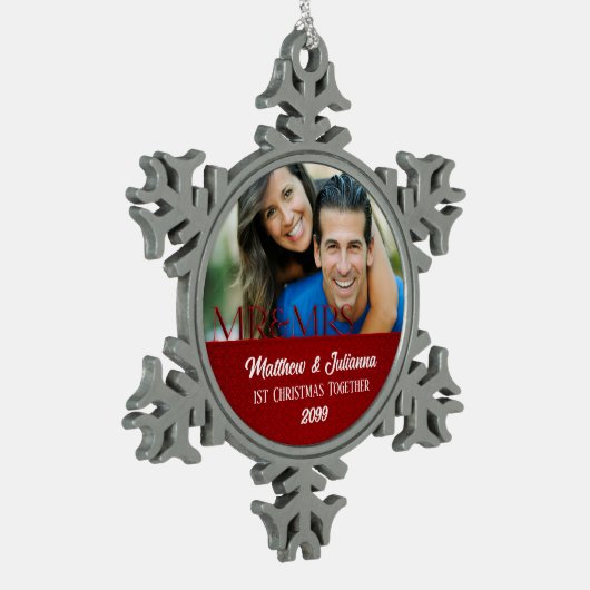 赤いダマスク1stクリスマス一緒に写真 スノーフレークピューターオーナメント (左)