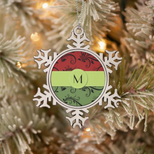 赤いダマスク,緑のダマスク,モノグラム スノーフレークピューターオーナメント (ツリー)
