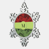 赤いダマスク,緑のダマスク,モノグラム スノーフレークピューターオーナメント (右)