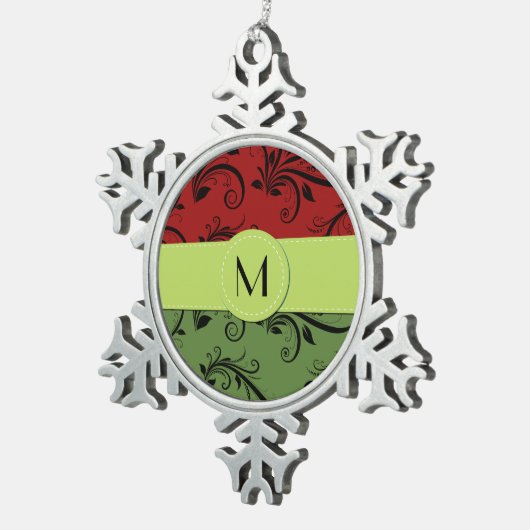 赤いダマスク，緑のダマスク，モノグラム スノーフレークピューターオーナメント (右)