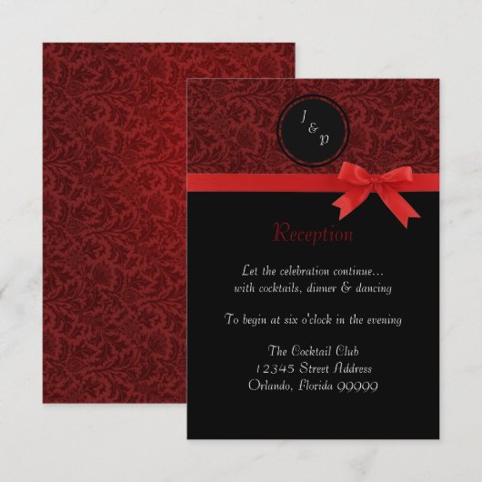 赤いダマスク＆赤いリボン - 披露宴 招待状 (正面/裏面)