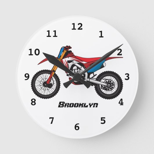 赤いダートバイクのバイク ラウンド壁時計 (正面)