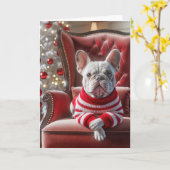 赤いチェアフランスのにクリスマスのブルドッグ カード (黄色い花)