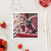 赤いチェアフランスのにクリスマスのブルドッグ スタンダードカクテルナプキン (インサイチュ)
