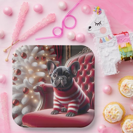 赤いチェアフランスのにクリスマスのブルドッグ ペーパープレート (パーティー)