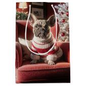 赤いチェアフランスのにクリスマスのブルドッグ ミディアムペーパーバッグ (正面)